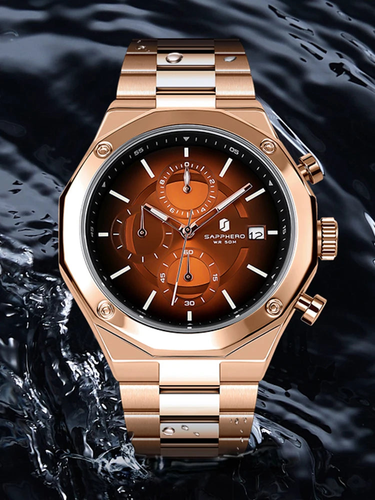 SAPPHERO Rose gold Watch Mens Watch Luxury  Stainless Steel Quartz Watch Business Waterproof Luminous Calendar Wristwatch Gift