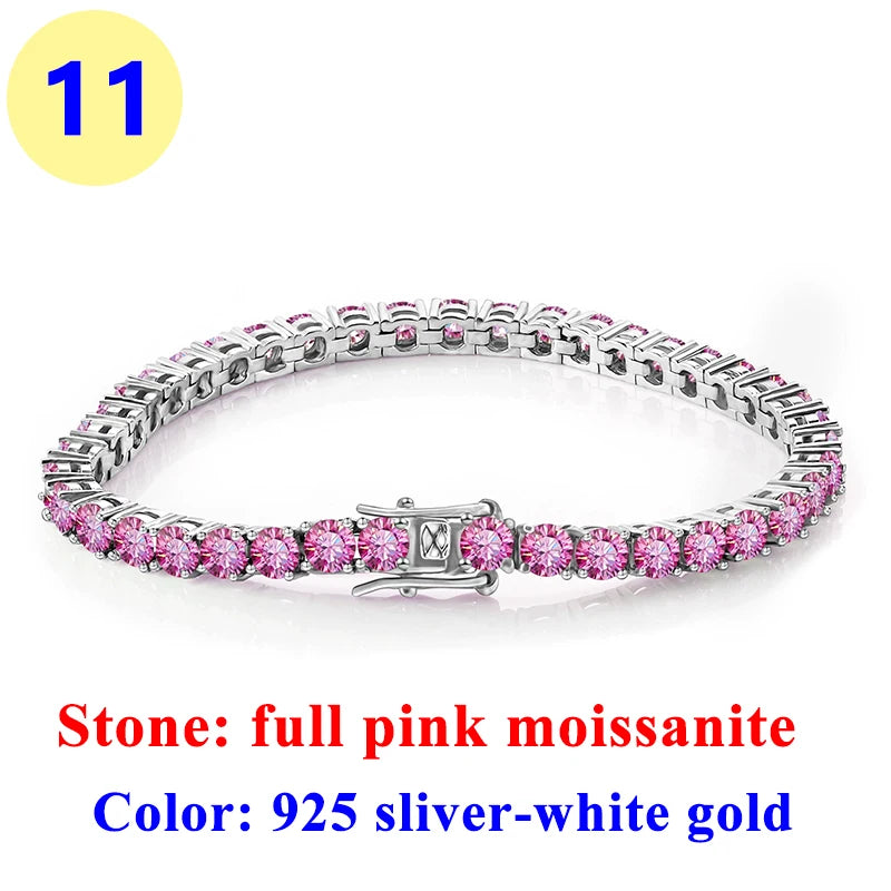3MM Pink Full Moissanite Tennis HipHop Blue Green Yellow Purple Bracelet S925 Sliver Plated White Gold Bracelet for Women Men