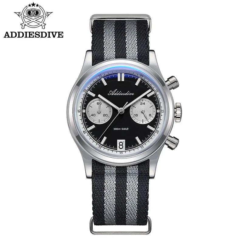 ADDIESDIVE Men's Quartz Chronograph Watch Luminous Bubble Glass 100m Waterproof Nylon Strap Watches For Man AD2095 Fashion Watch