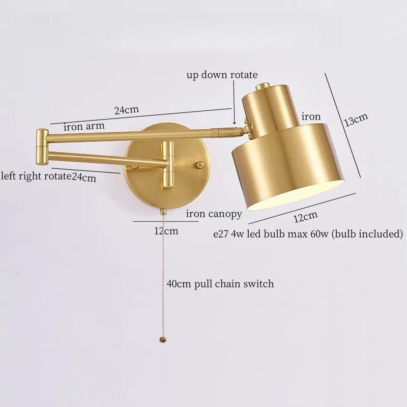 IWHD Golden Iron Art LED Wall Lights For Bedroom Kitchen Living Room Loft Mirror Bedside Lamp Swing Long Arm Lampade Da Parete