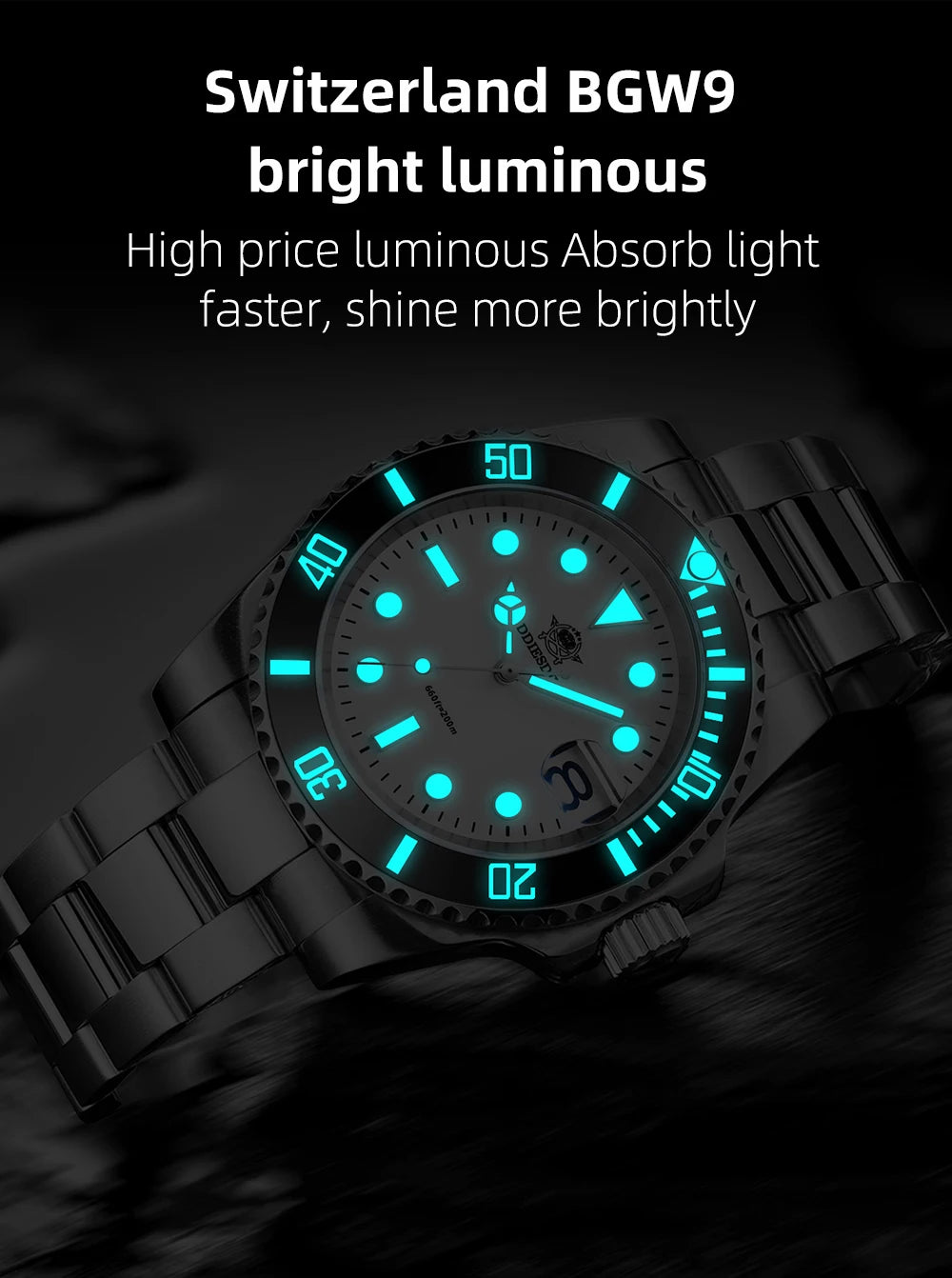 ADDIESDIVE High Quality Luxury Men Quartz Watch 20Bar BGW9 Super Luminous relógio masculino 316L Stainless Steel Dive WristWatch