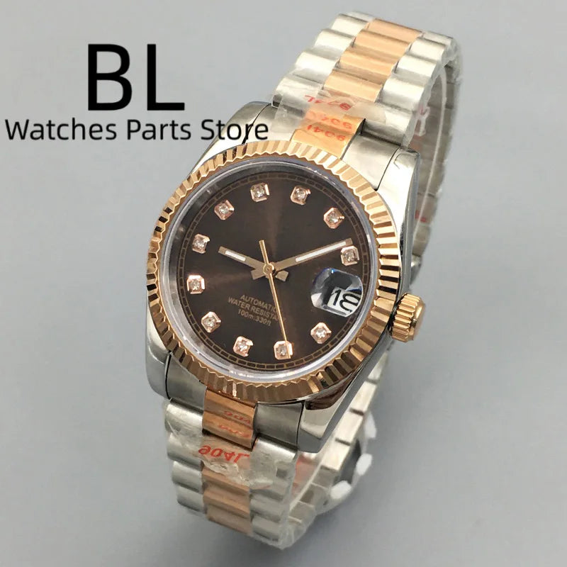 BLIGER Luxury Brown Dial Diamond Time Marks Watches For Men 36mm39mm Two Tone Rose Gold NH35 Movement Sapphire Glass Waterproof