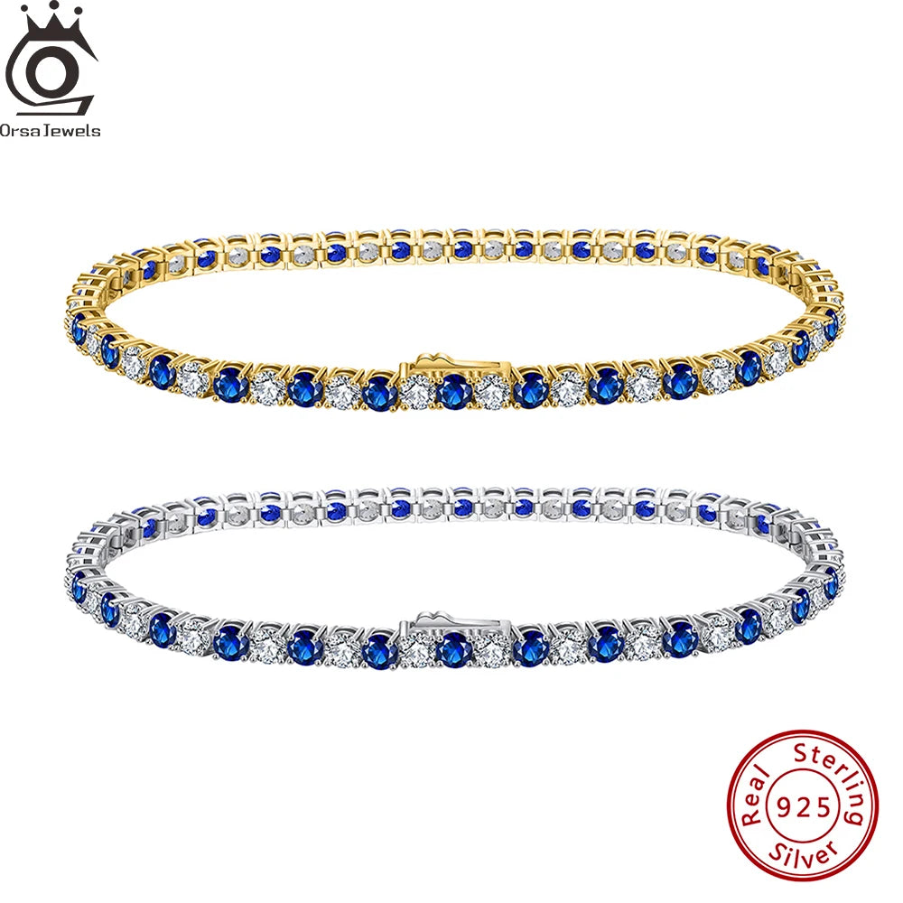ORSA JEWELS Exquisite 3mm Sapphire Blue Sparkling Tennis Bracelet S925 Sterling Silver Cubic Zirconia Fashion CZ Bracelet SB137