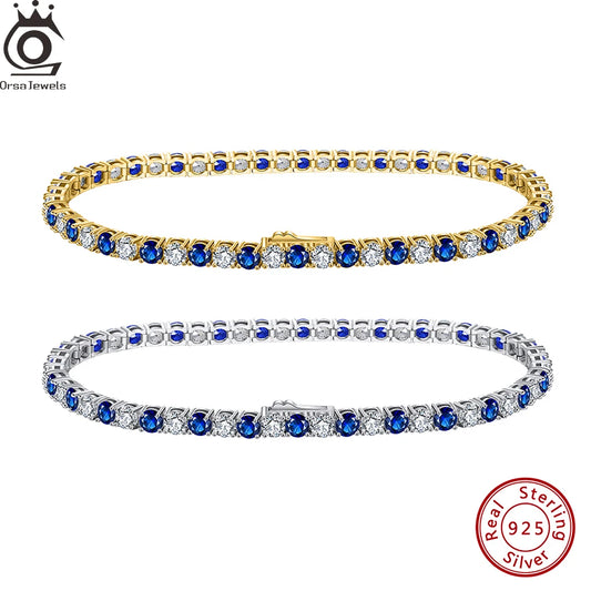 ORSA JEWELS Exquisite 3mm Sapphire Blue Sparkling Tennis Bracelet S925 Sterling Silver Cubic Zirconia Fashion CZ Bracelet SB137