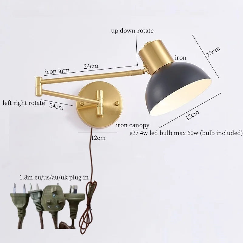 IWHD Golden Iron Art LED Wall Lights For Bedroom Kitchen Living Room Loft Mirror Bedside Lamp Swing Long Arm Lampade Da Parete