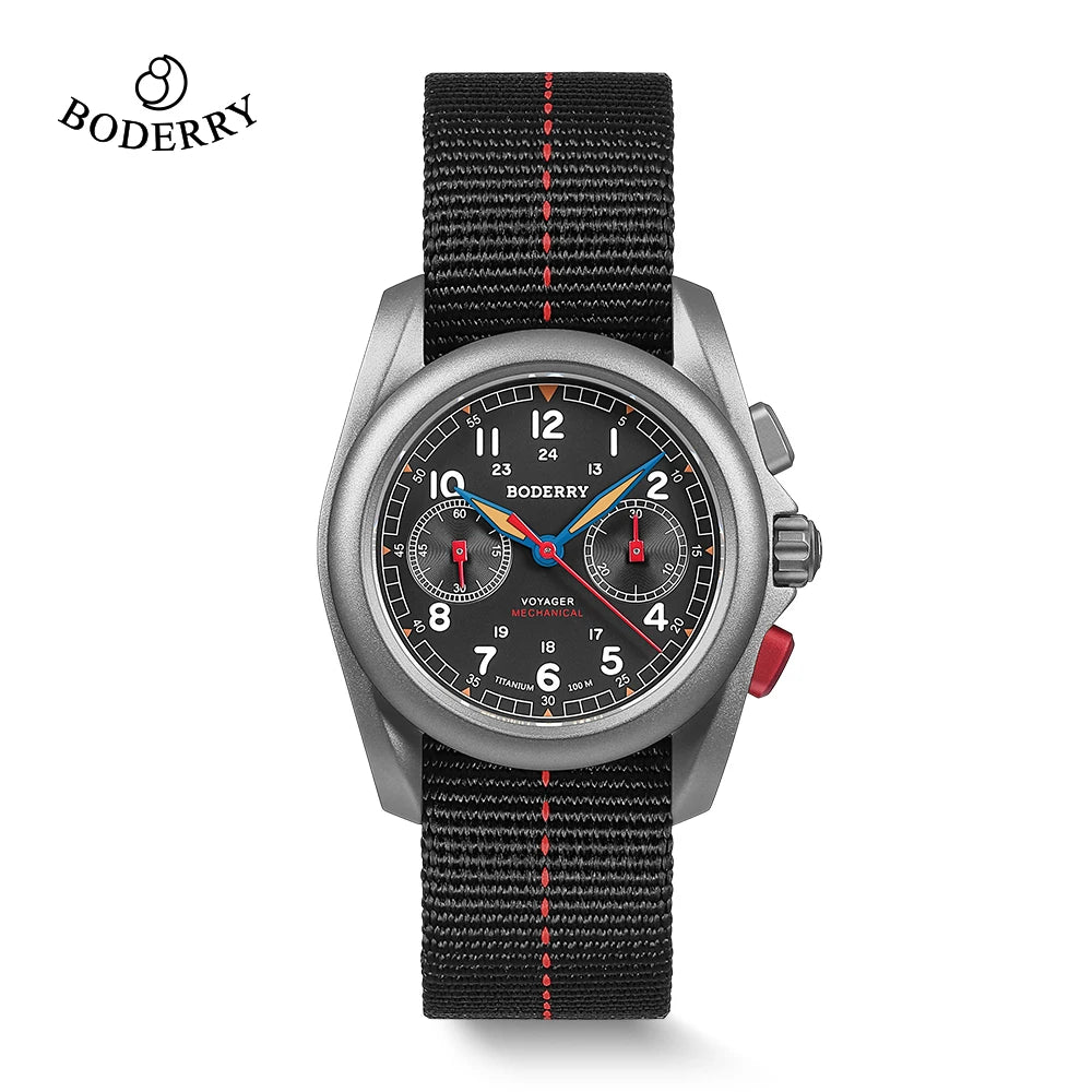 BODERRY Men's Field Watches Titanium Mechanical Chronograph Top Brand Wristwatch 100M Waterproof Clock Military Watch for Men