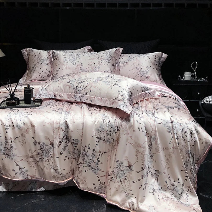 Floral Silk Bedding Set with Duvet Cover Bed Sheet Pillowcase Luxury Couple Single Double King Queen Soft Bedsheet Nordic Smooth
