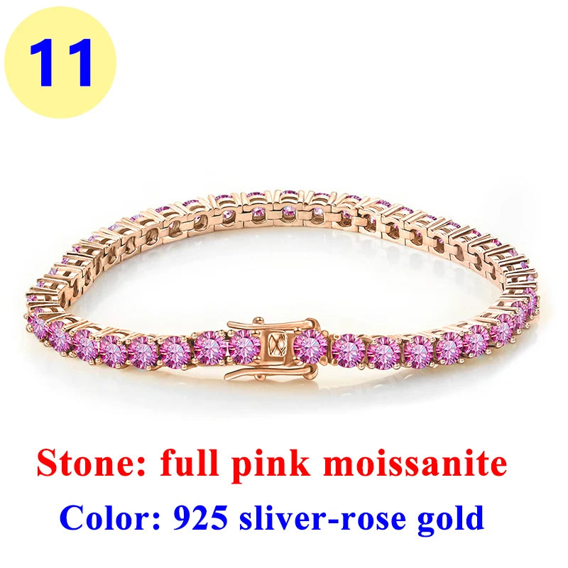 3MM Pink Full Moissanite Tennis HipHop Blue Green Yellow Purple Bracelet S925 Sliver Plated White Gold Bracelet for Women Men