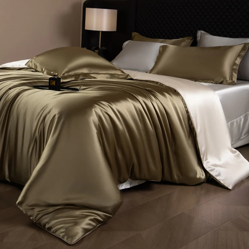 Silk Bed Sheets Set Luxury Bedding Set with Duvet Cover Fitted/Flat Bedheet Pillowcases Mixed with Rayon King Queen Full Twin