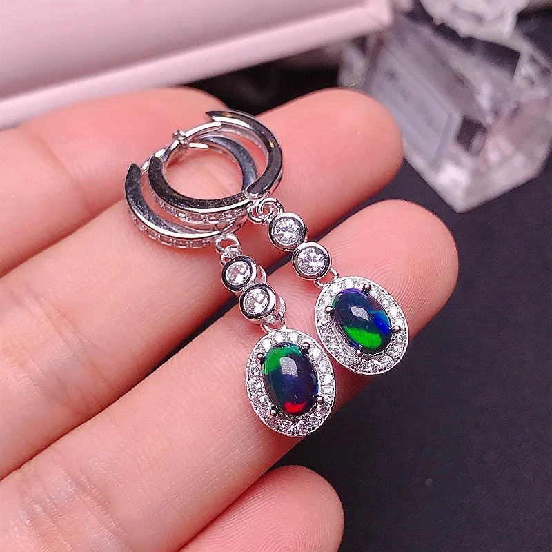 MeiBaPJ 5*7 Natural Black Opal Gemstone England Ear Drop Earrings for Women Real 925 Sterling Silver Charm Fine Wedding Jewelry