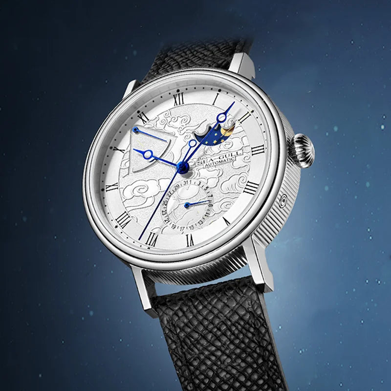 Seagull Moon Phase Watch Auspicious Clouds Special Edition Men's Automatic Mechanical Watch Luxury 41mm Watch for Men 6199 6198