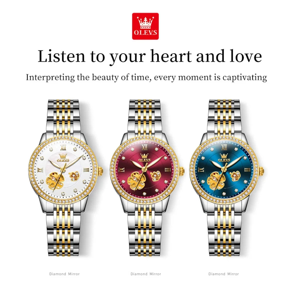 OLEVS 6706 Elegante Damenuhr mit Diamanten, wasserdicht, mit Nachtlicht, Automatikwerk, mechanisches Uhrwerk, Geschenkset