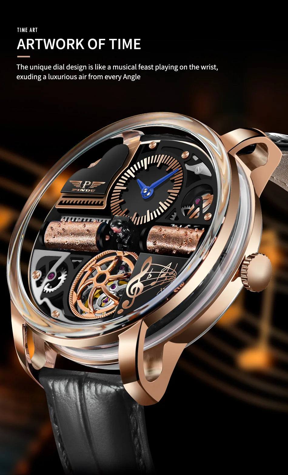 2025 NEW PINDU Design Music Series Machinery Watch Men Movement stainless steel Sapphire Glass Top Luxury Automatic Watch Hollow