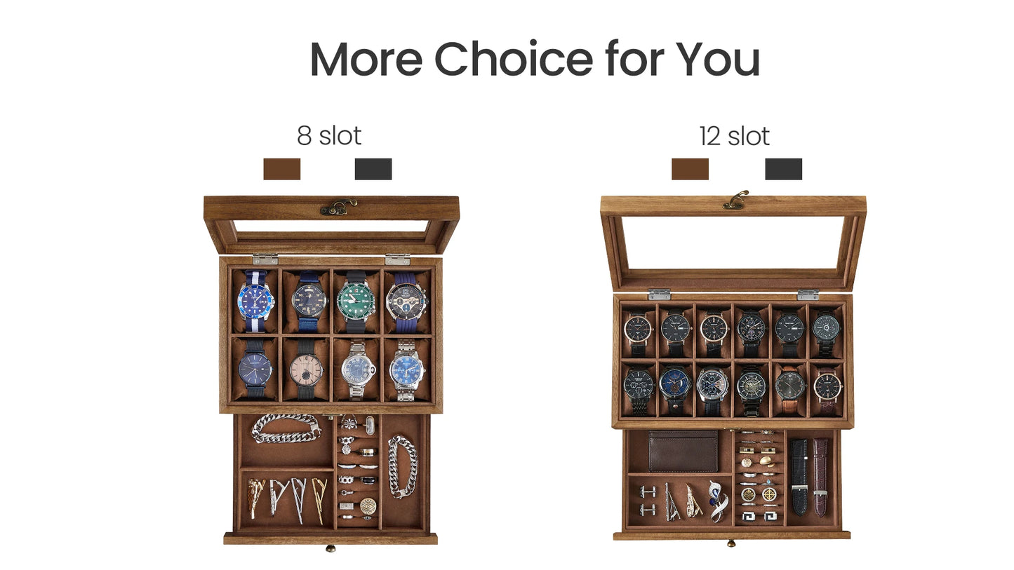 SONGMICS 12-Slot Watch Box, 2-Tier Watch Display Case with Large Glass Lid, Removable Watch Pillows, Velvet Lining, Jewelry Box