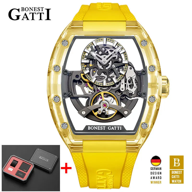BONEST GATTI 2025 New Men Automatic Watch Tonneau Mechanical Wristwatch Acylic Case Sapphire Lume Hollow Out Dial Fluororubber