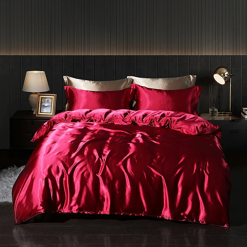 Luxury Satin  Bedding Set With Flat Sheet Duvet Cover High End Bedding Set  High Density Satin  Solid Color Bedding