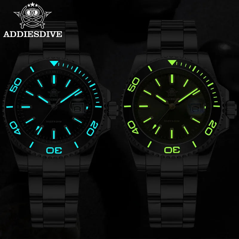 ADDIESDIVE New AD2510 Luxury Men's Diving Watch 41mm BGW9 Luminous Enamel Dial Screw-down Crown Durable Stainless Steel Strap