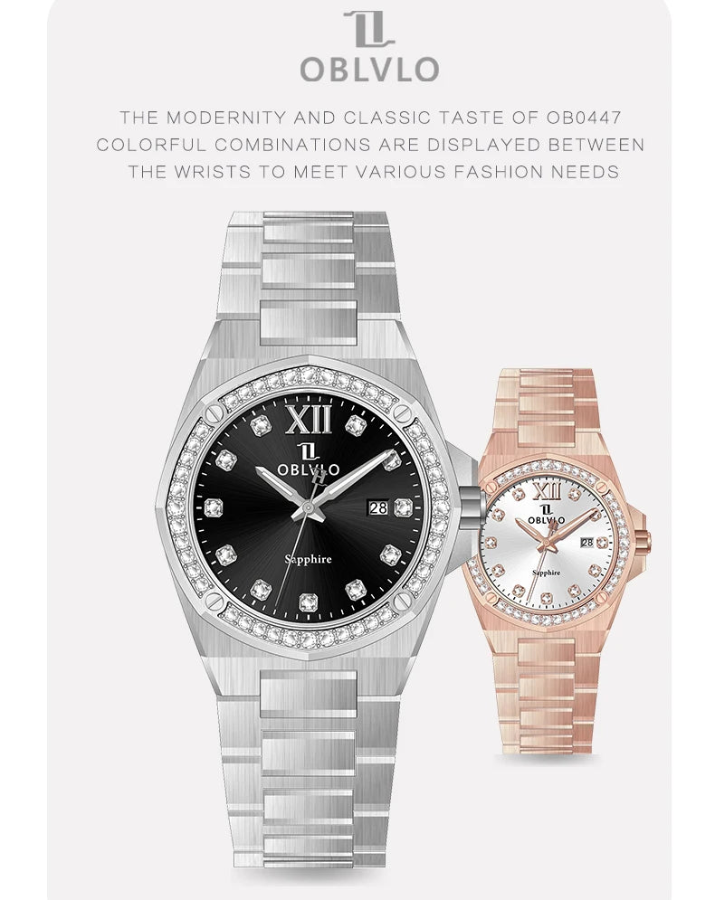 OBLVLO Herren-Armbanduhr mit achteckiger Lünette, blauem Zifferblatt, Datumsanzeige, Quarzwerk, wasserdicht, ideal für Paare (AWM)