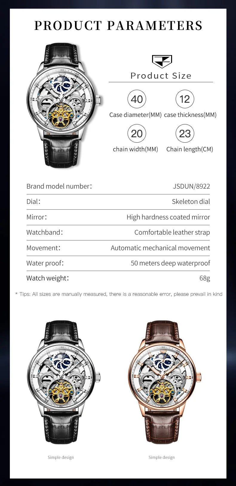 Montre-bracelet JSDUN originale étanche, best-seller pour homme, multifonctionnelle, luxueuse, élégante, à mécanisme automatique.