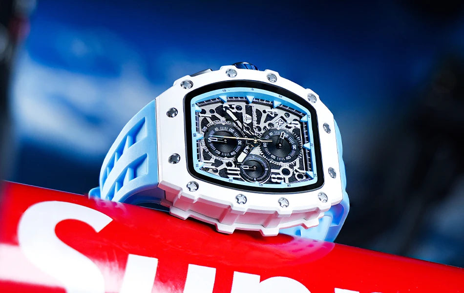 TSAR BOMBA Resin Watch for Men Tonneau Waterproof Mens Watches Top Brand Luxury Chronograph Sport Male White Wristwatches