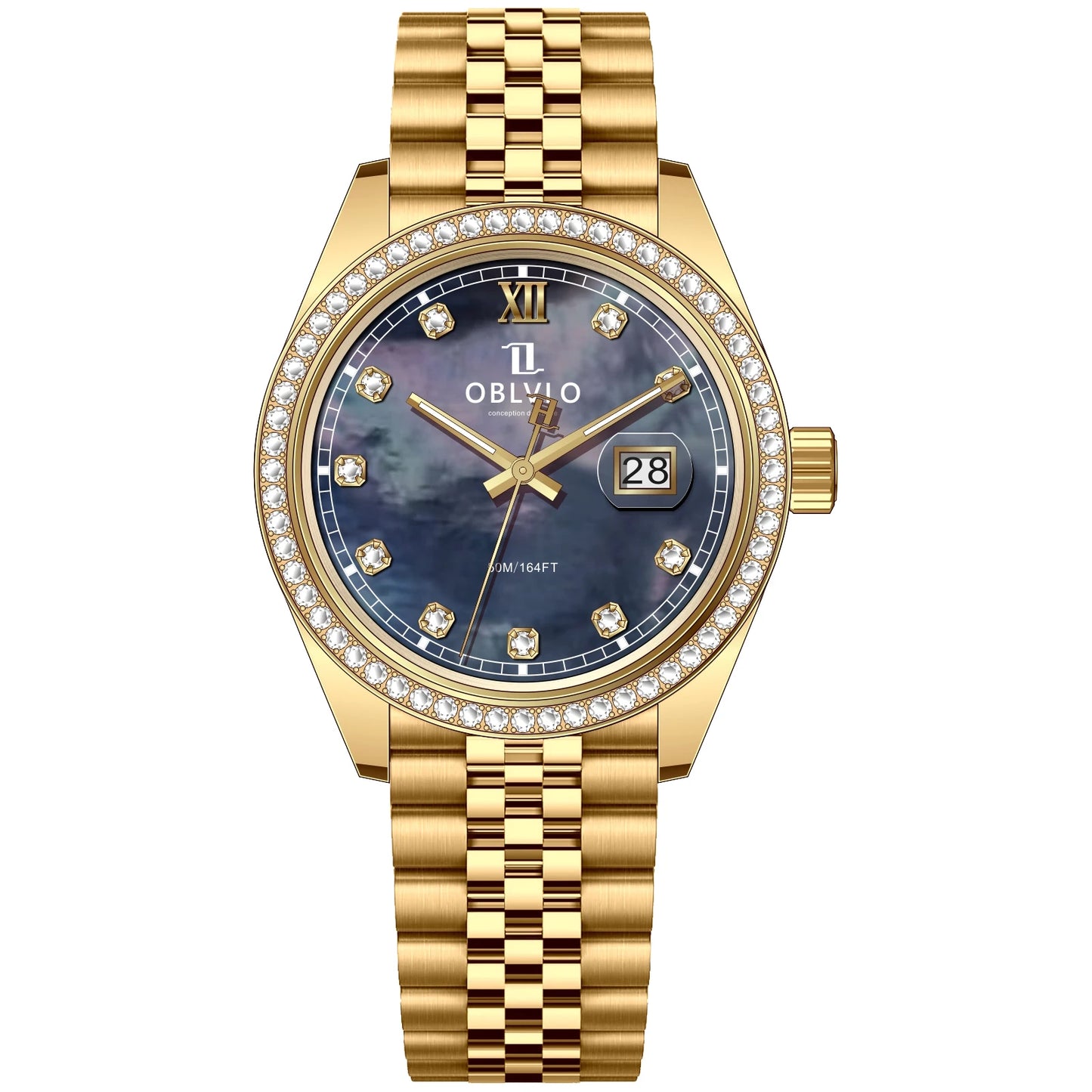 OBLVLO Men's Elegant Diamonds Bezel Two Tone Bracelet Quartz Watch with Date Fashion MOP Dial Business Watches for Men RX-PE-D