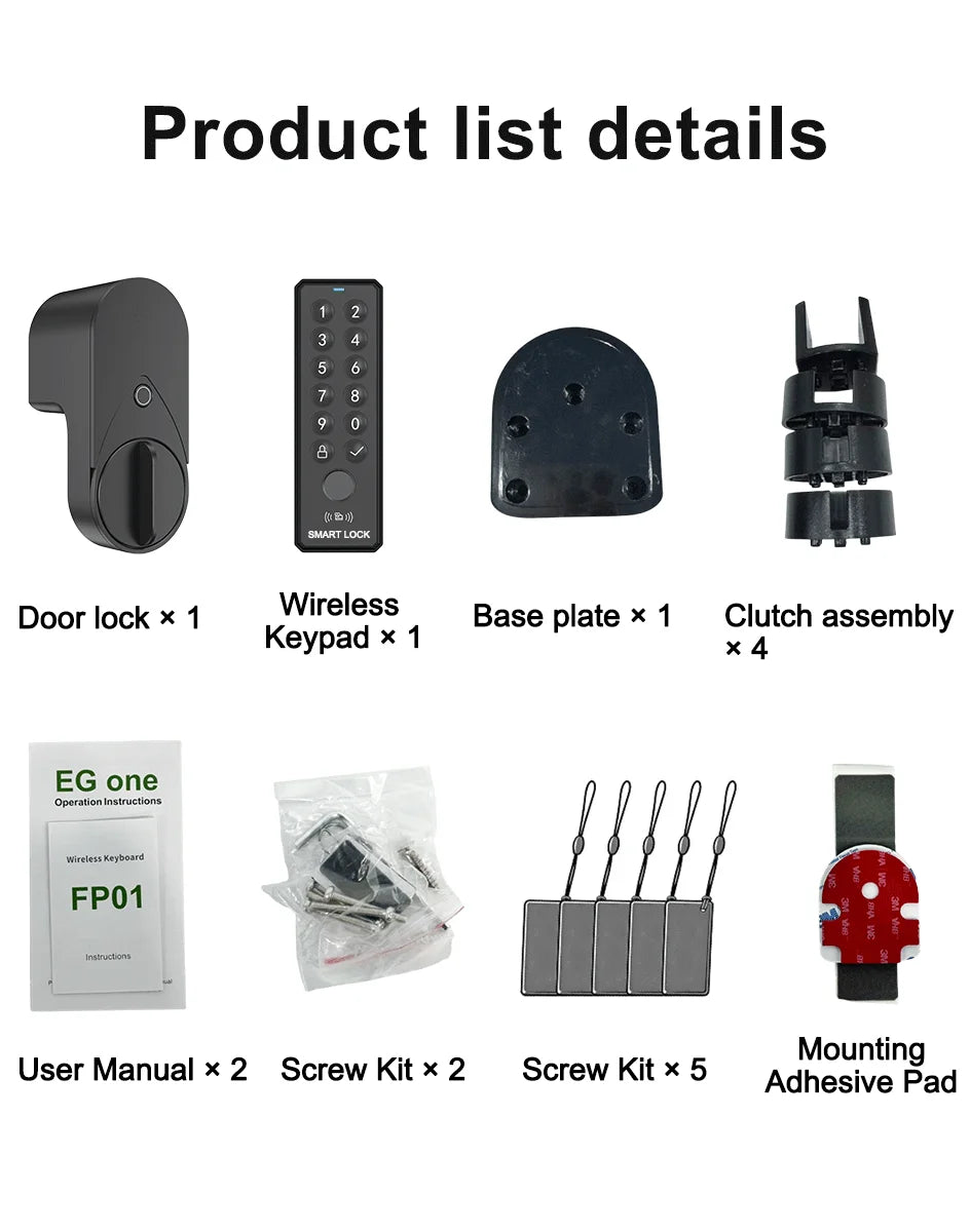 Smart lock with Tuya Bluetooth, fingerprint, password, and IC card unlocking; no drilling required for installation.