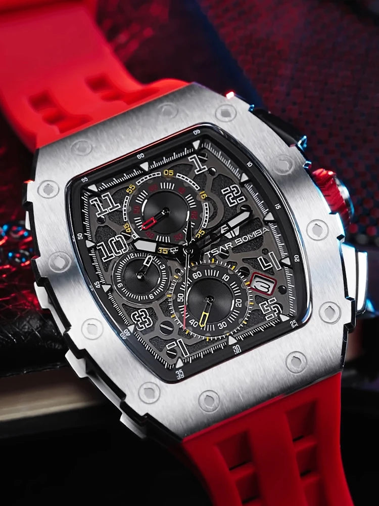 TSAR BOMBA Watch for Men Top Brand Luxury Waterproof Quartz Wristwatch Tonneau Clock Gift Chronograph Rectangle Mens Watch
