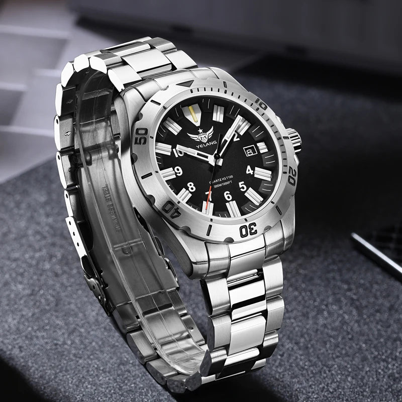 YELANG  V1036 42mm Men Quartz Watch Luminous 10 Years Lithium Movement Rotated Dial 30ATM 300m Waterproof Military Style Watches
