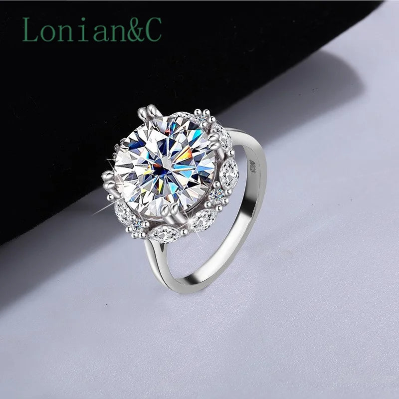 Lonian&C 5 Carat Luxury Moissanite Ring D Color 11mm Lab Diamond 925 Sterling Silver Wedding Promise Rings for Women Jewelry