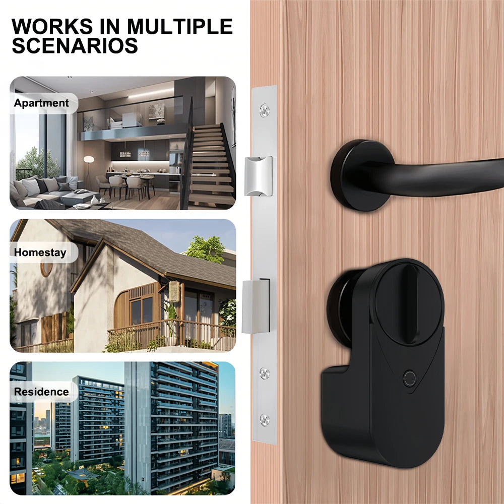 Smart lock with Tuya Bluetooth, fingerprint, password, and IC card unlocking; no drilling required for installation.