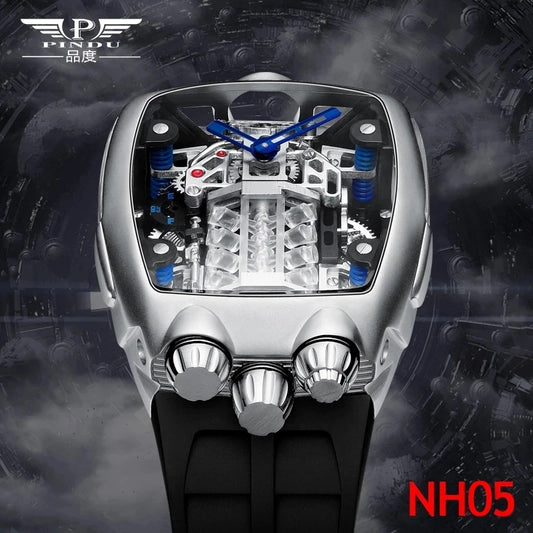 PINDU DESIGN Mens Watches Top Brand Luxury Automatic Watch Engine 16 Cylinder Skeleton Men Mechanical Watch Japan NH05A Watch