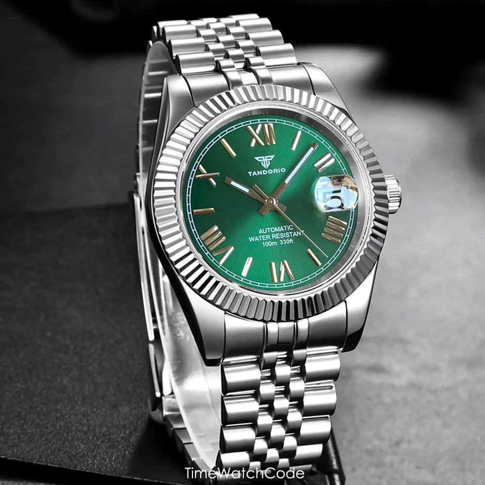 Montre automatique de luxe Tandorio Business pour homme, mouvement NH35A, cadran classique à chiffres romains, lunette cannelée, verre saphir, 36/39 mm