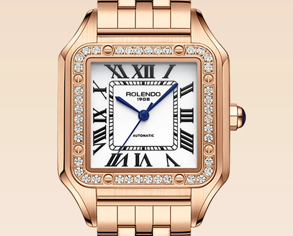 ROLENDO Luxury Gold Square Watch for Santos 33mm Diamond-Set Sapphire Crystal Roman Scale 5ATM Women's Automatic Wristwatch Gift