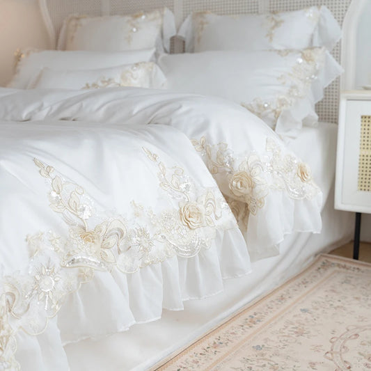 White Lace Embroidery Princess Bedding Set Luxury High End France Style Egyptian Cotton Duvet Cover Sets Bed Sheet Pillowcases