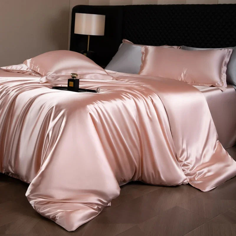 Silk Bed Sheets Set Luxury Bedding Set with Duvet Cover Fitted/Flat Bedheet Pillowcases Mixed with Rayon King Queen Full Twin