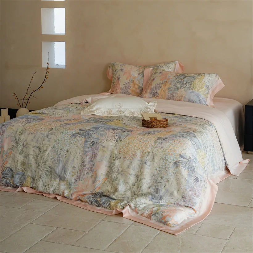 Luxury 22mm Mulberry Silk Bedding Set Romantic Floral Duvet Cover Pillowcases Bed Sheet Set Luxury Bed Linen King Queen Size