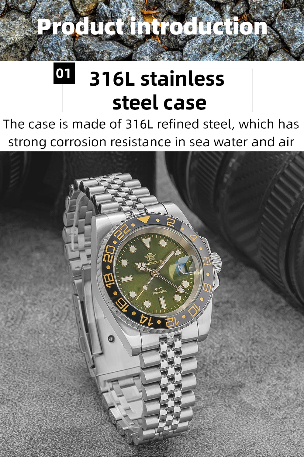 ADDIESDIVE AD2050 Men GMT Watch Swiss Ronda 515-24 BGW9 Super Luminous 20Bar Waterproof reloj 316L Stainless Steel Quartz Watch