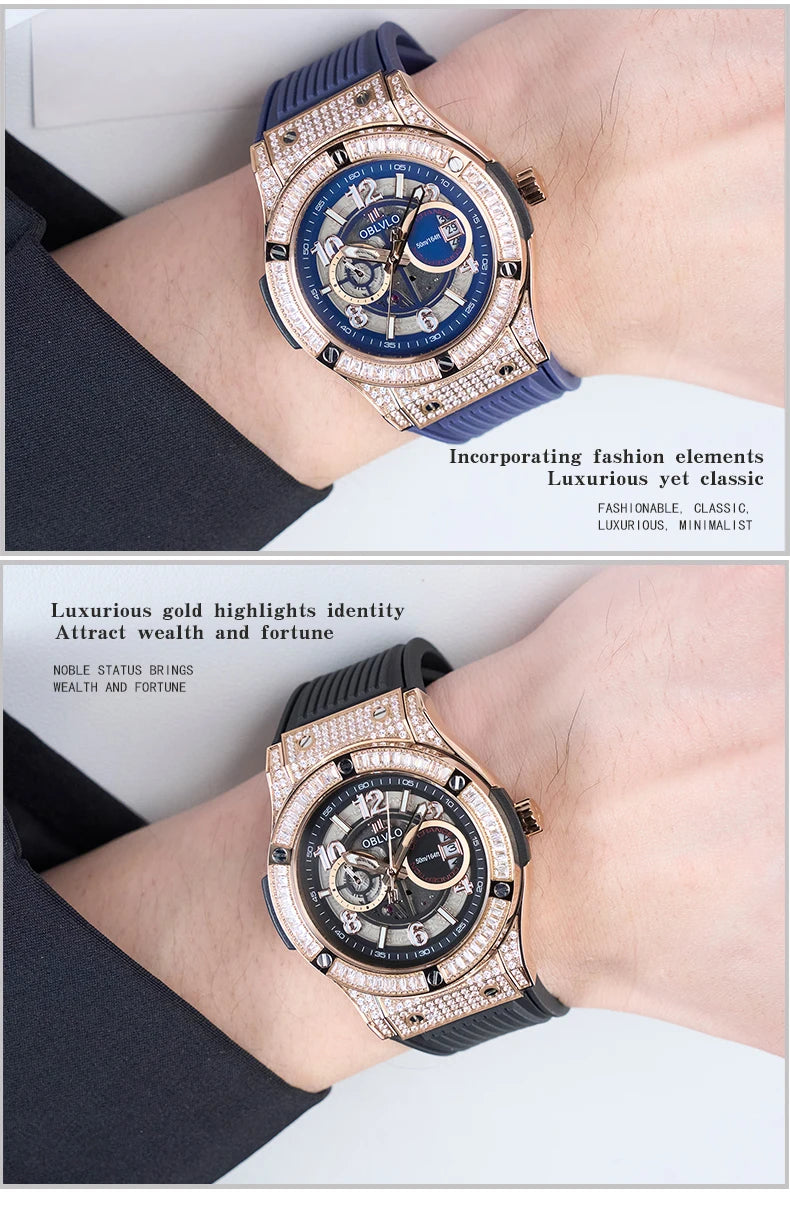 OBLVLO Men's Fashion Rose Gold 44mm Hollow-out Automatic Watch Waterproof Brown Leather Strap Mechanical Clock with Date HM-GT