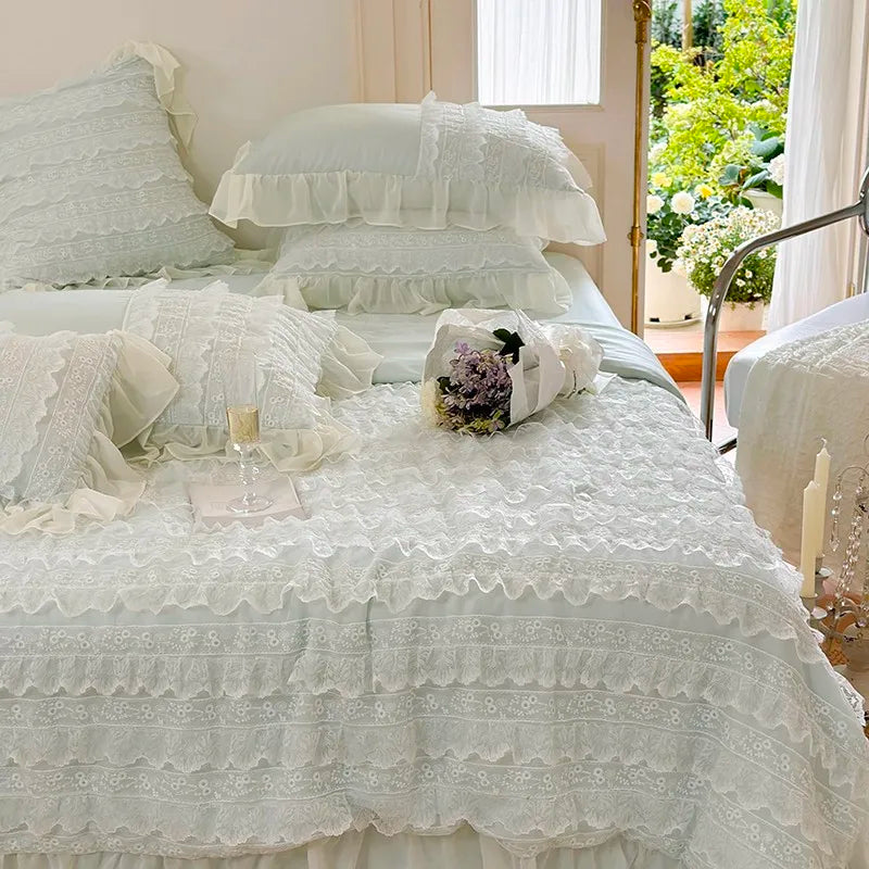 100%Eucalyptus Lyocell Cream White Lace Soft Silky Textured Wrinkle-Free Summer comforter Blanket 1Pc Flat sheet 2Pillow shams
