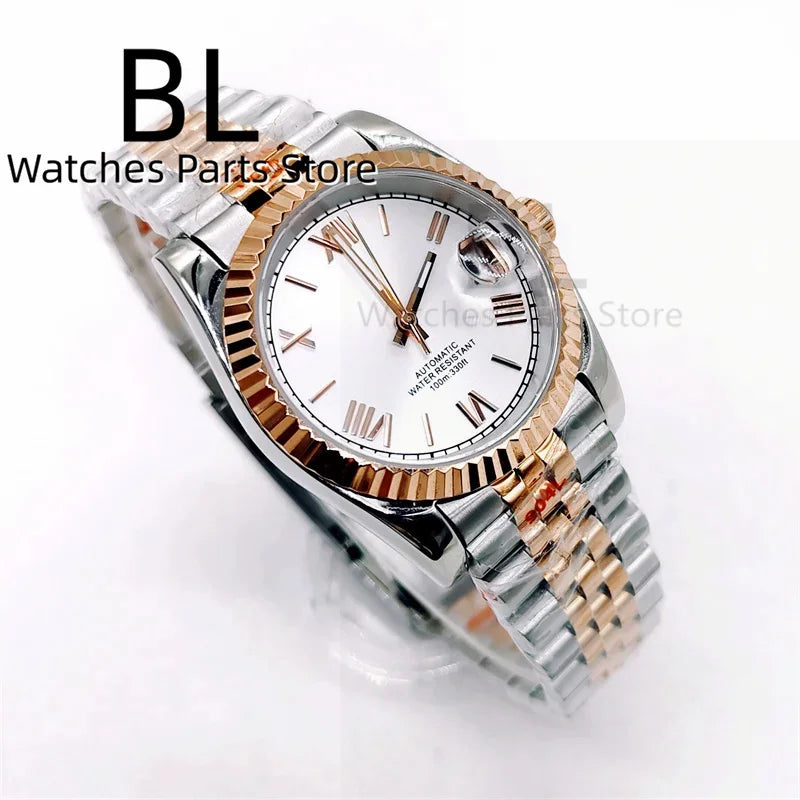 BLIGER 36mm39mm Two-tone Rose Gold Black Dial Watch For Men Date Fluted Bezel Sapphire Glass Rose Roman Index Jubille Bracelet