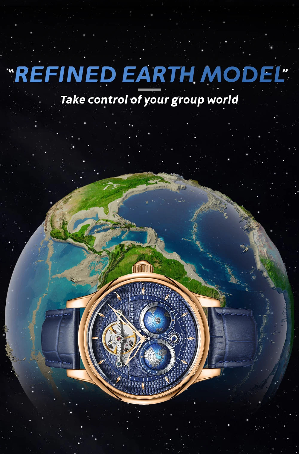 SEAKOSS Double Globe Automatic Rotating Men Mechanical Watches Earth Flywheel Device Men's Military Wristwatches 1963 Clock