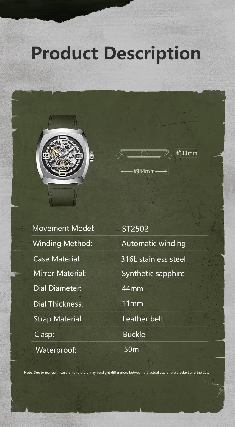 2025 Seagull Men's Mechanical Watches 44MM Skeleton Dial Luxury Man Wristwatch Sapphire Stainless Steel Waterproof Clock 6167