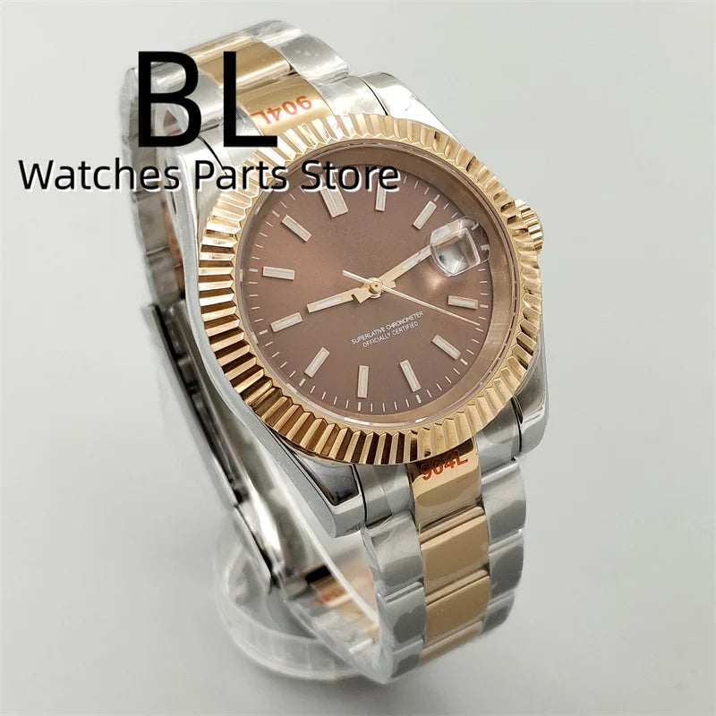 BLIGER Luxury Brown Dial Diamond Time Marks Watches For Men 36mm39mm Two Tone Rose Gold NH35 Movement Sapphire Glass Waterproof