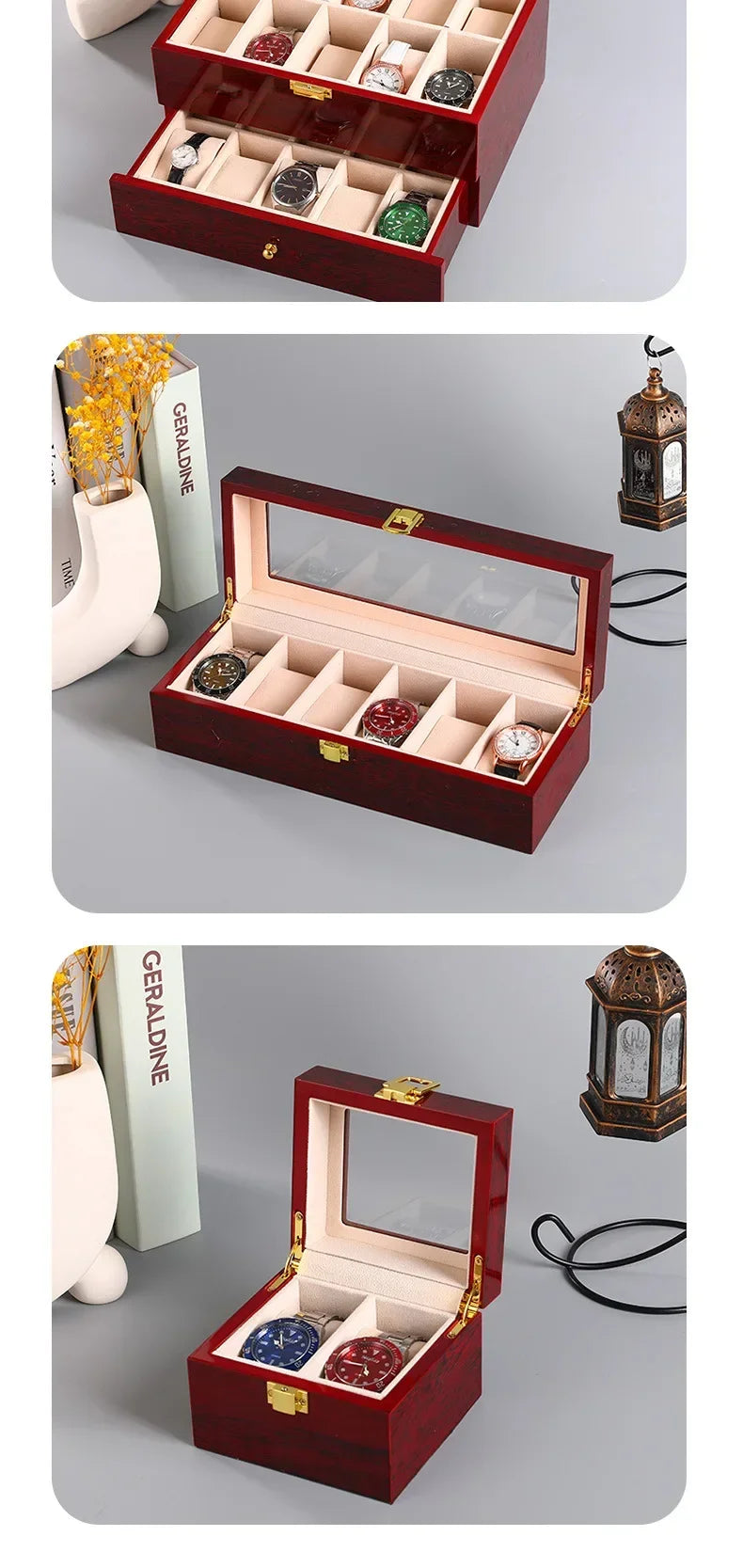 Wooden Watch Box 1/2/3/5/6/10/12 Slot Watch Gift Box Watch Storage Travel Case Organizer Men Jewellery Box Piano-bake-paint