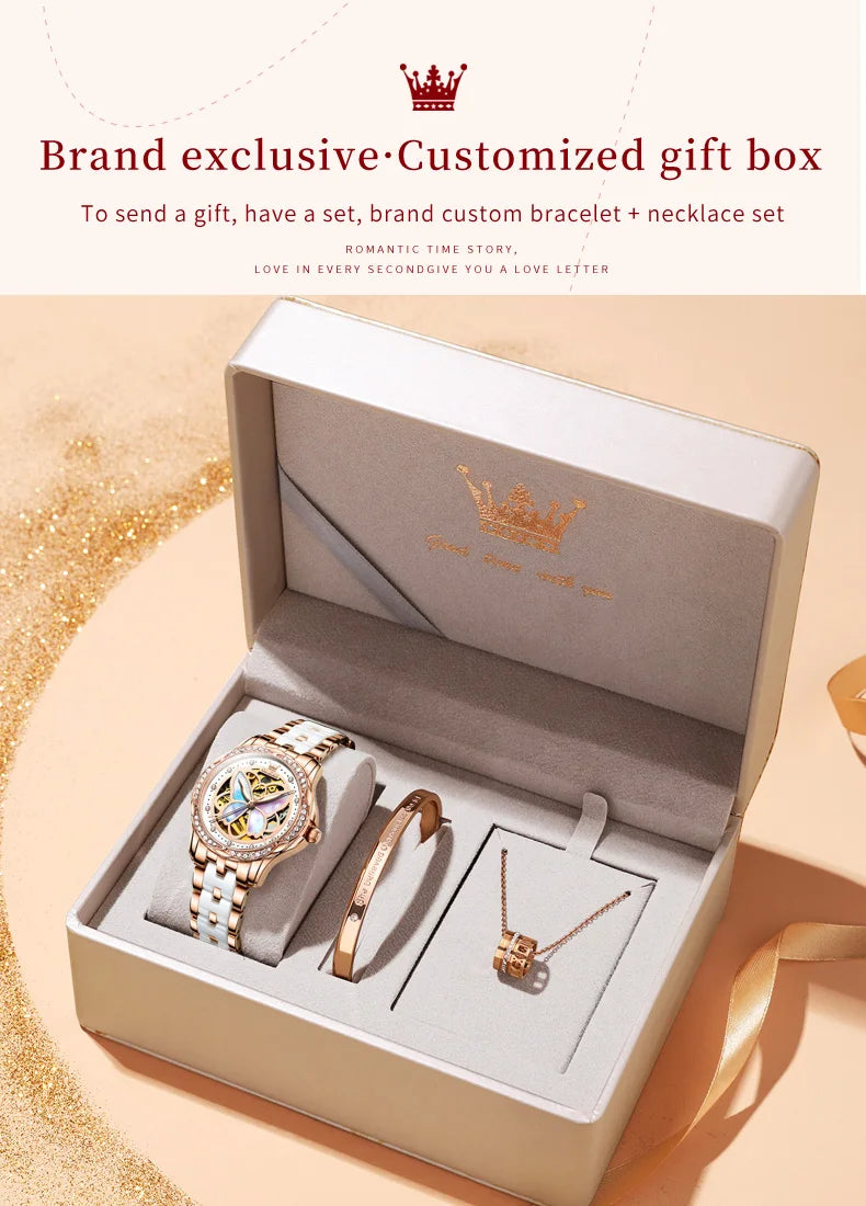 OLEVS Luxury Fashion Women's Watches Colorful Butterfly Dial Original Brand Automatic Mechanical Wristwatch Ceramics Strap Trend