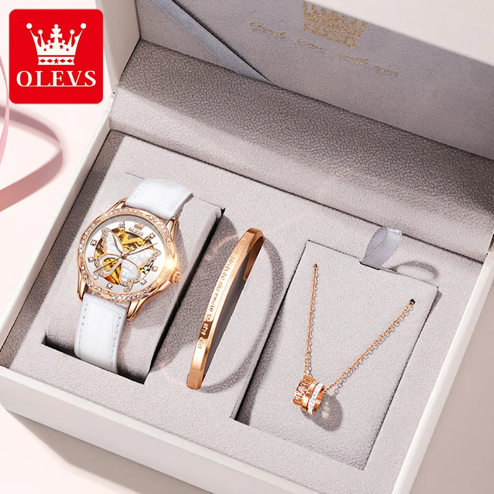 OLEVS 6622 Luxury Women All Automatic Mechanical Watch HD Waterproof Elegant Butterfly Diamond Women Fashion Bracelet Set Watch