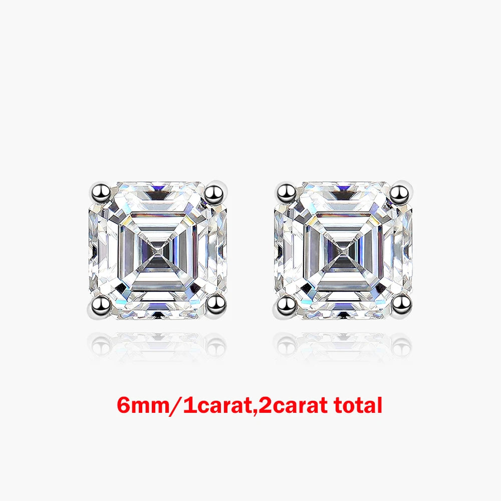 1/2/3CT Asscher Cut Moissanite Stud Earrings with Certificate Square Solitaire Lab Diamond Earring for Women S925 Silver Jewelry