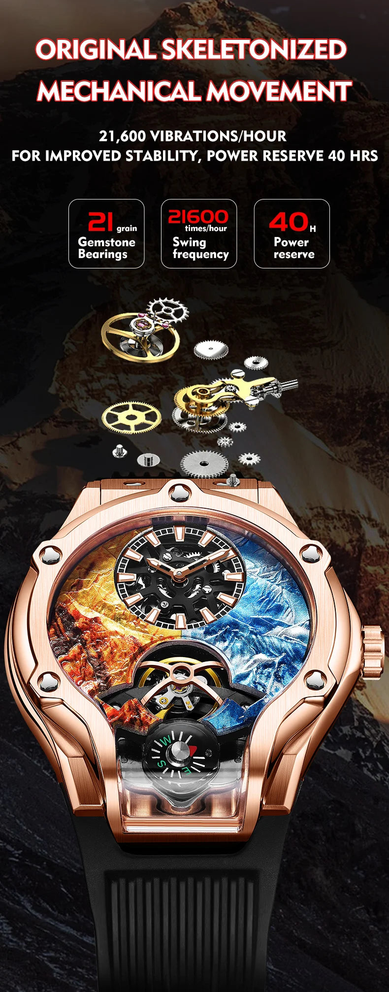 HANBORO Zhuma Mountain Peak Series Men's Fully Automatic Mechanical Watch Hollow Personalized Watch