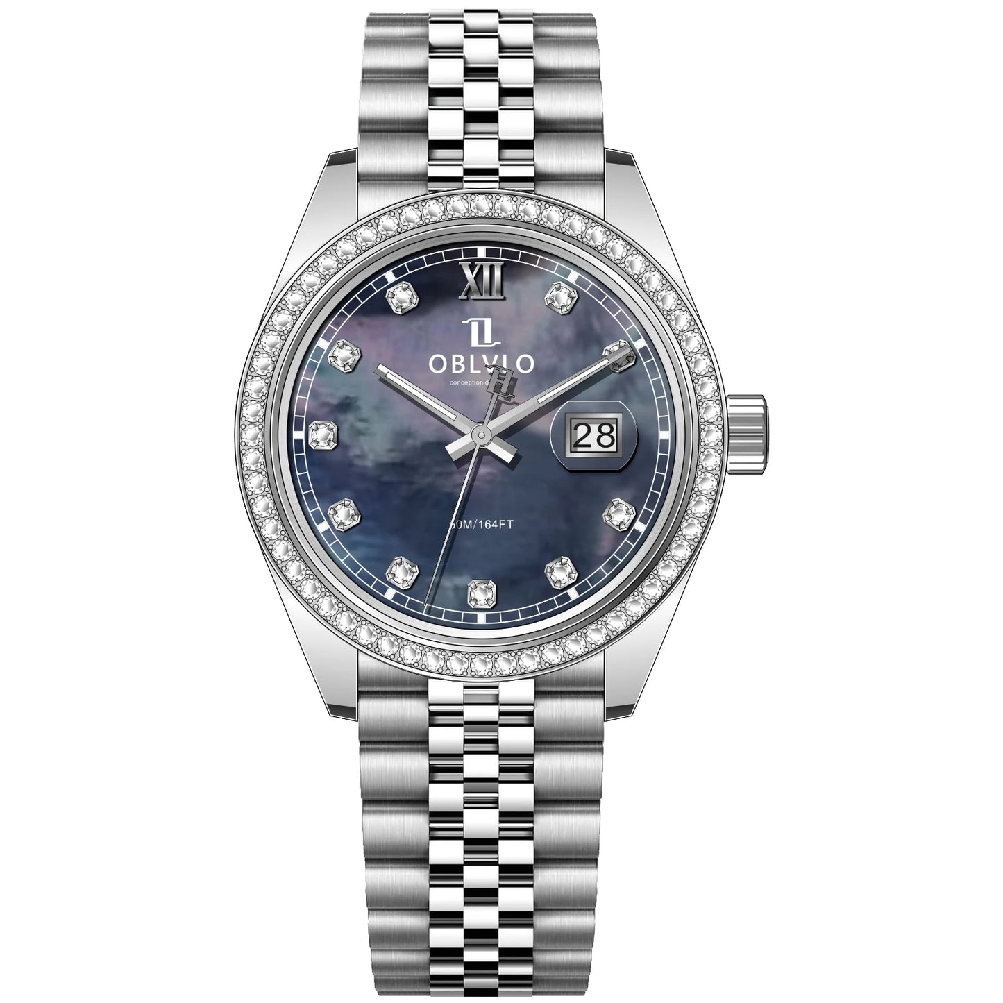 OBLVLO Men's Elegant Diamonds Bezel Two Tone Bracelet Quartz Watch with Date Fashion MOP Dial Business Watches for Men RX-PE-D