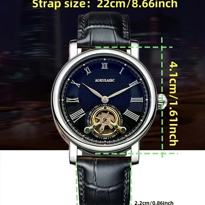 Luxury Men's Automatic Mechanical Watch - Fashionable Hollow Design, Fashionable Business Casual Style, Alloy Case and Leather Strap, No Battery